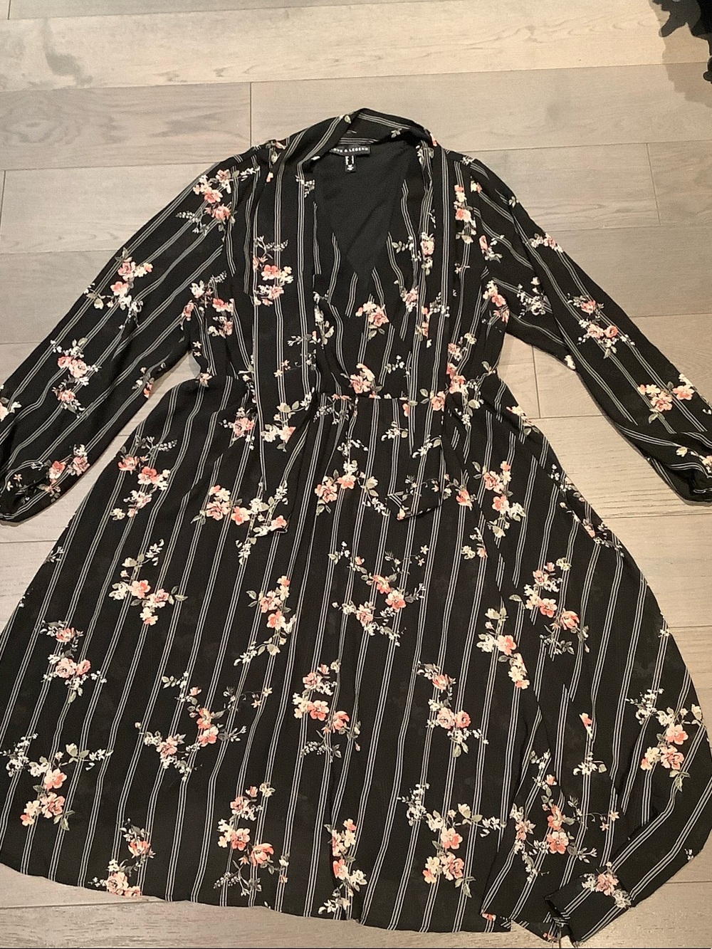Love & Legend Black Floral Stripe Wrap Dress with Blush Accents